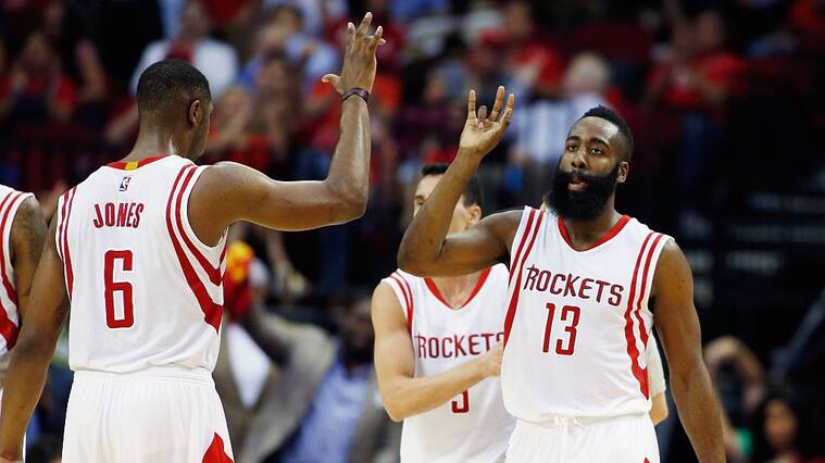 HOUSTON, TX - APRIL 01: James Harden #13 of the Houston Rockets celebrates a play with teammate Terrence Jones #6 during their game against the Sacramento Kings at the Toyota Center on April 1, 2015 in Houston, Texas. NOTE TO USER: User expressly acknowledges and agrees that, by downloading and/or using this photograph, user is consenting to the terms and conditions of the Getty Images License Agreement. (Photo by Scott Halleran/Getty Images)