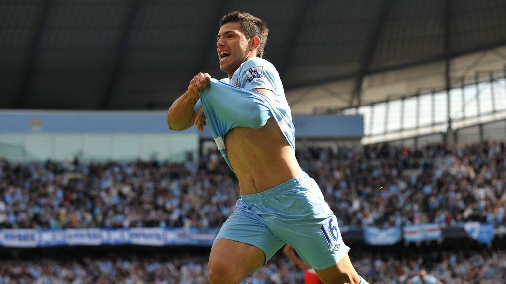 Manchester City's Sergio Aguero celebrates scoring the winning goall. (Photo by Ed Garvey/Manchester City FC via Getty Images)