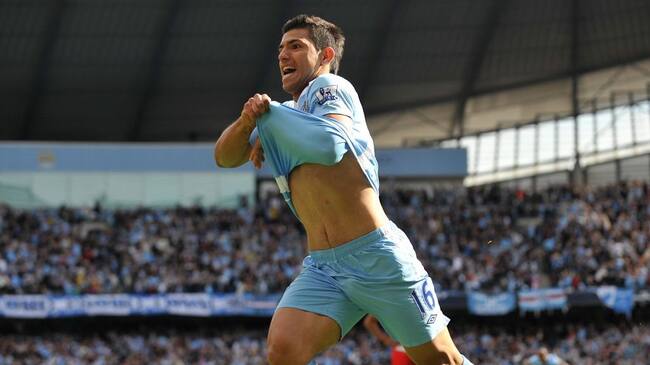 Manchester City's Sergio Aguero celebrates scoring the winning goall. (Photo by Ed Garvey/Manchester City FC via Getty Images)