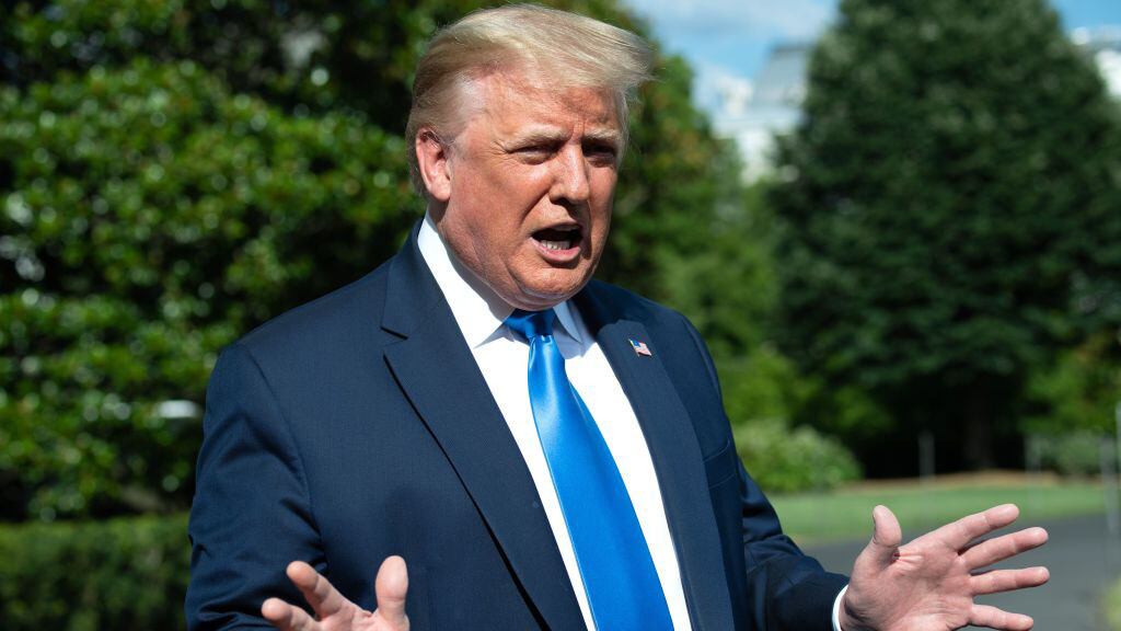 US President Donald Trump speaks to the press as he departs the White House in Washington, DC, on July 11, 2020, for Walter Reed National Military Medical Center to visit wounded troops. (Photo by SAUL LOEB / AFP) (Photo by SAUL LOEB/AFP via Getty Images)