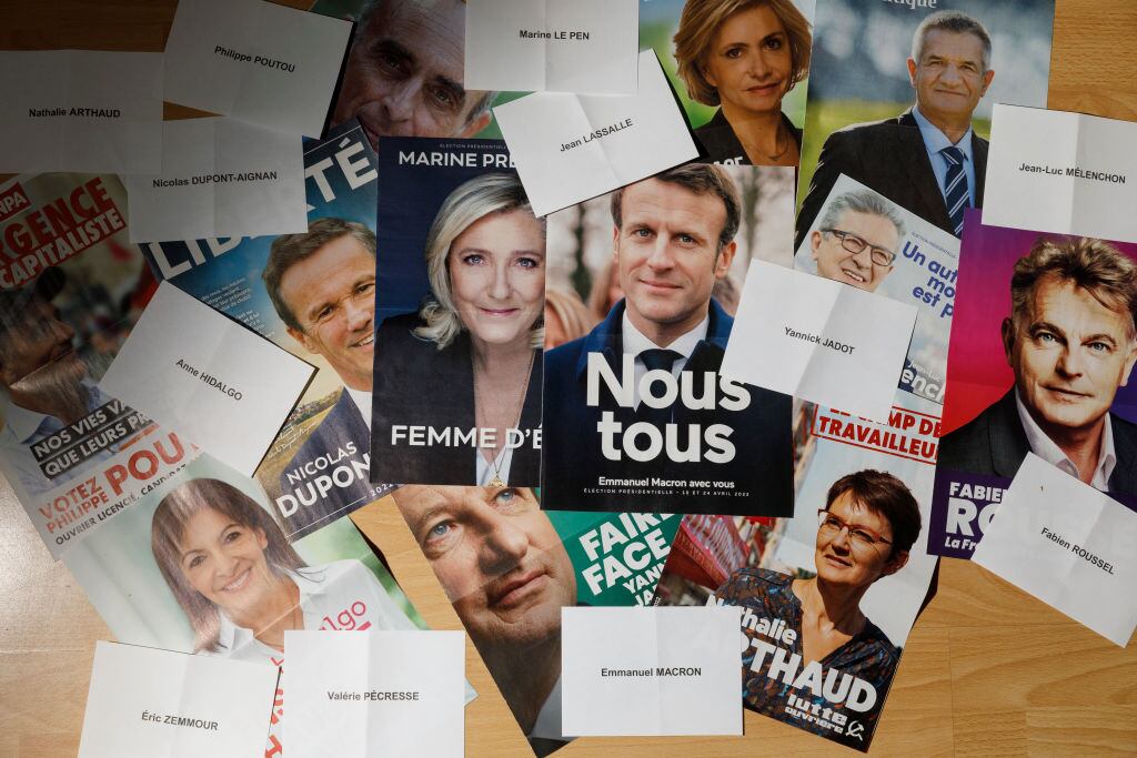 BRUSSELS, BELGIUM - APRIL 6: A photo illustration shows ballots and program leaflets of the twelve candidates of the French Presidential elections are seen on April 6, 2022 in Brussels, Belgium. The Next Sunday, April 10, 2022 France will have the first round of the Presidential elections. (Photo illustration by Thierry Monasse/Getty Images)