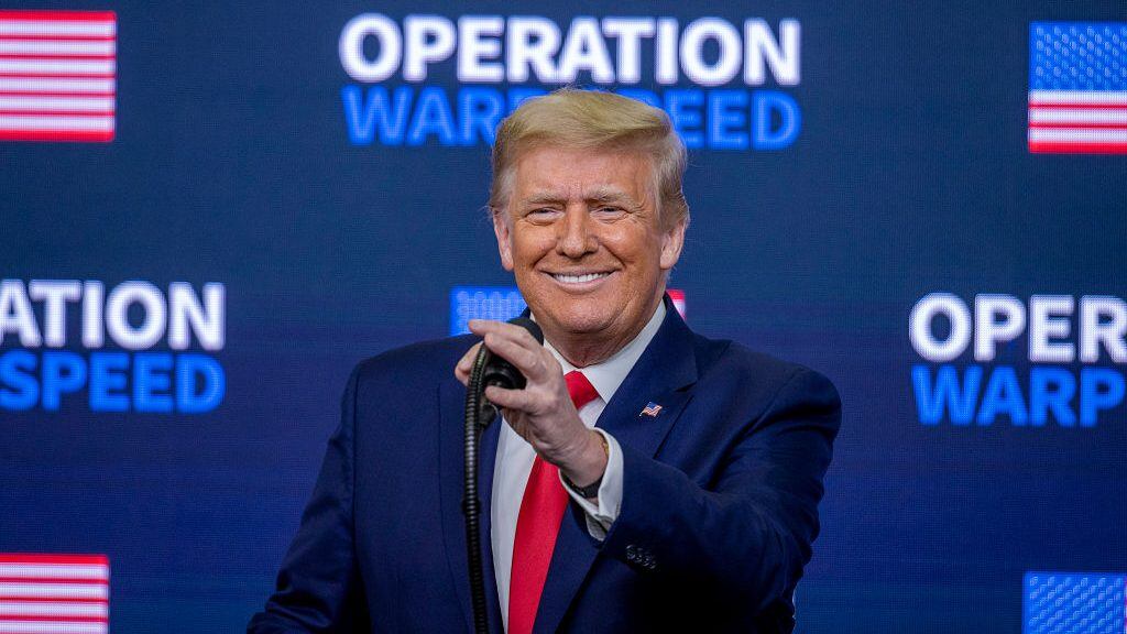 WASHINGTON, DC - DECEMBER 08: US President Donald Trump speaks at the Operation Warp Speed Vaccine Summit on December 08, 2020 in Washington, DC. The president signed an executive order stating the US would provide vaccines to Americans before aiding other nations. (Photo by Tasos Katopodis/Getty Images)