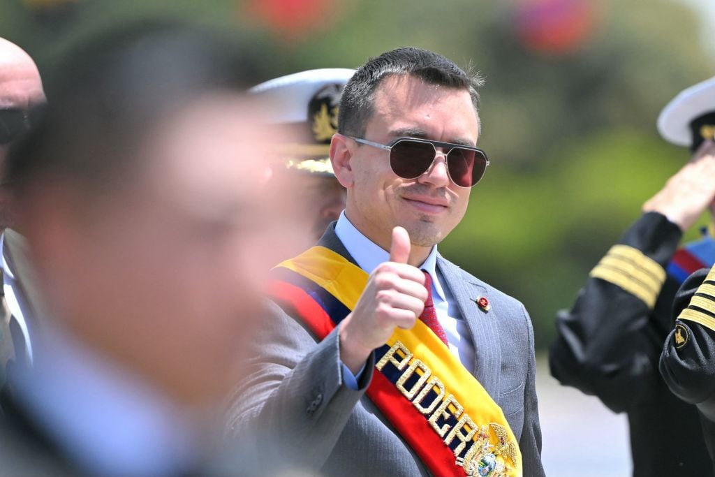 El presidente ecuatoriano Daniel Noboa durante una ceremonia del ejército en la ciudad de Quito.