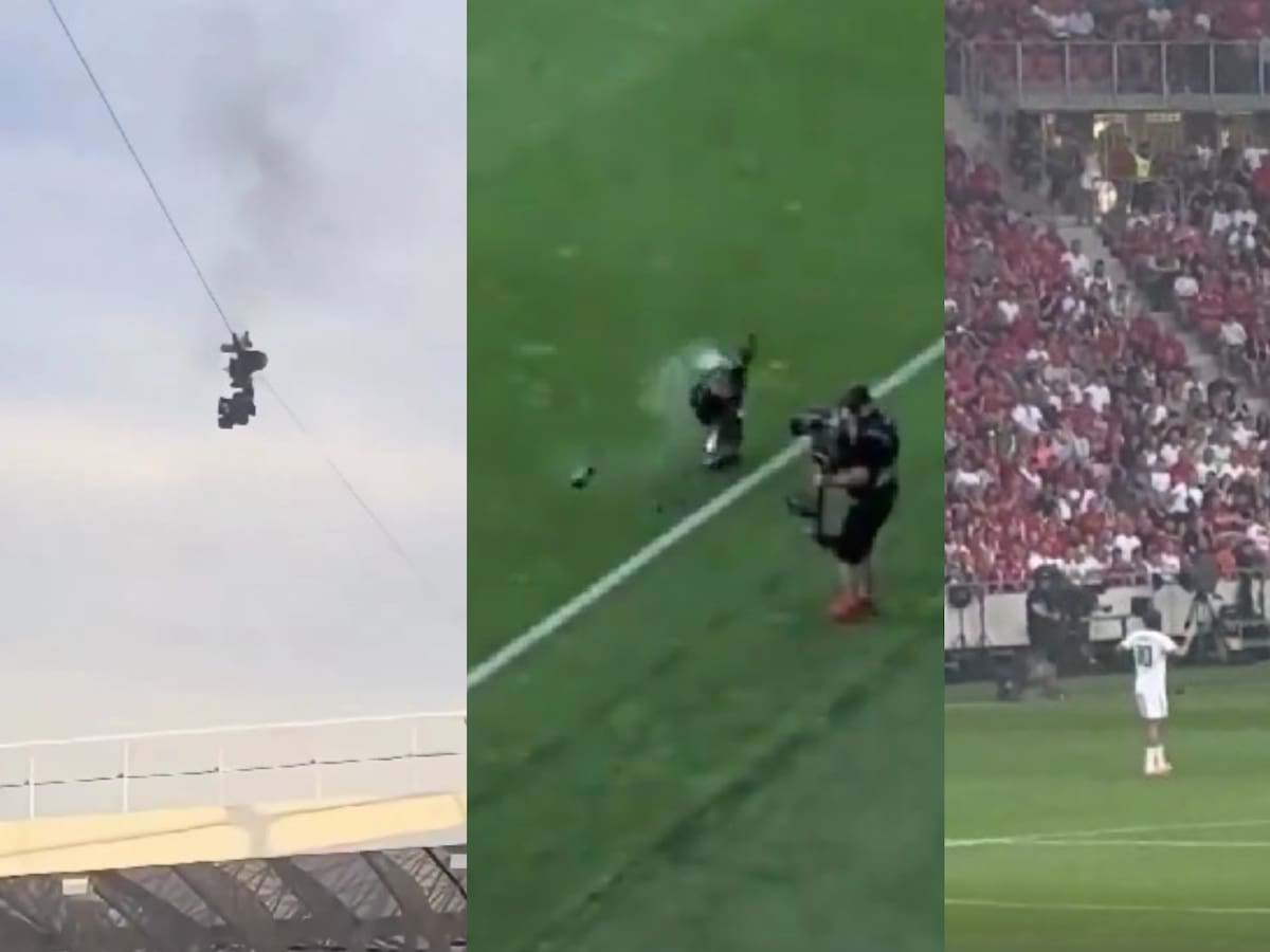 Se salvó por poco: enorme cámara cayó frente a una persona en pleno partido entre Hungría y Kazajistán