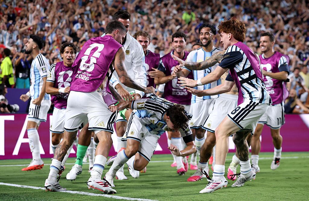 KANSAS CITY, MISSOURI - JULY 11: Julian Alvarez #9 of Argentina celebrates with teammates after scoring his team's second goal during the FIFA World Cup 2026 Quarter Final match between Argentina and Switzerland at Kansas City Stadium on July 11, 2026 in Kansas City, Missouri. (Photo by Hector Vivas - FIFA/FIFA via Getty Images)