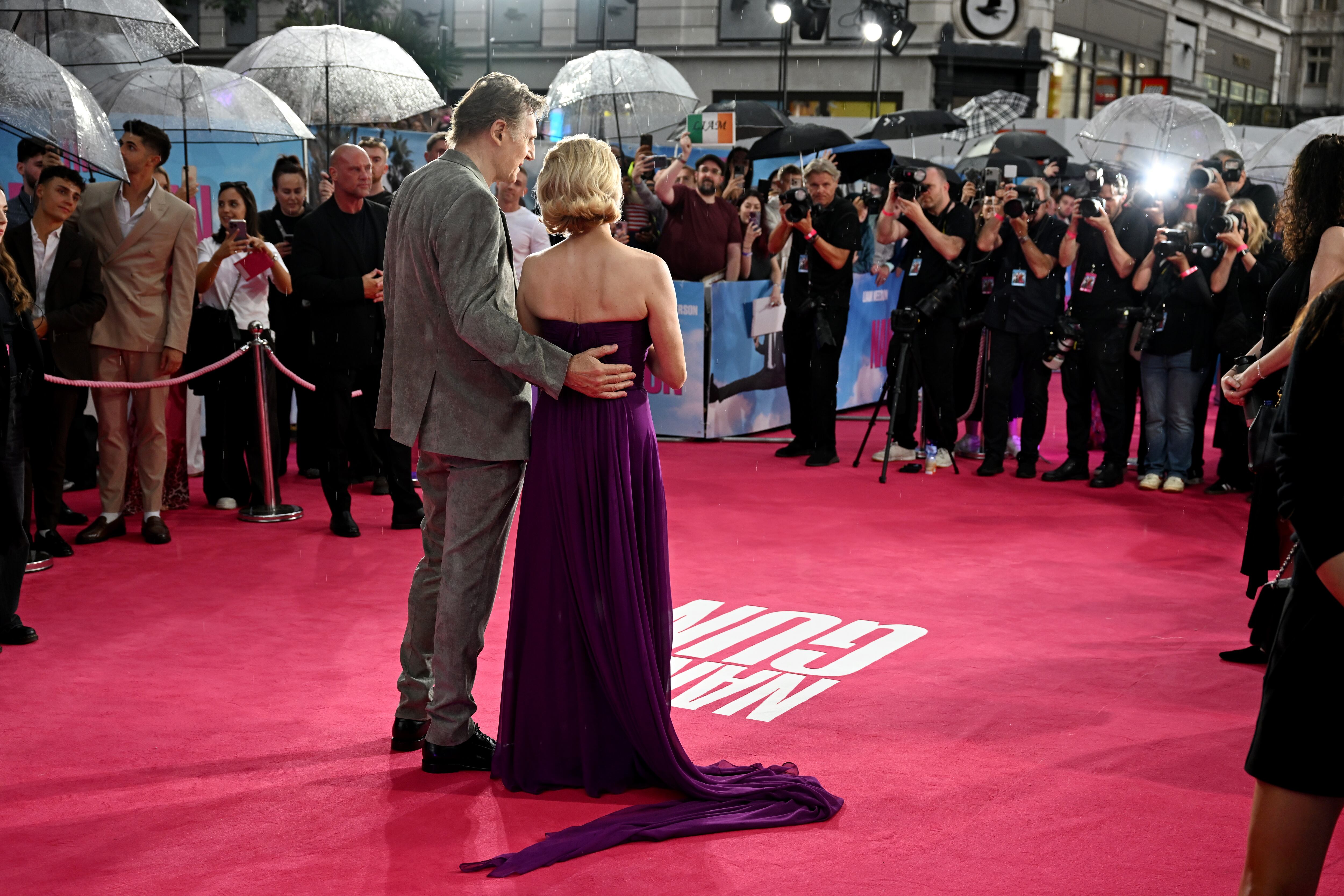 LONDON, ENGLAND - JULY 22: Liam Neeson and Pamela Anderson attend "The Naked Gun" UK Premiere at Cineworld Leicester Square on July 22, 2025, in London, England. (Photo by Jeff Spicer/Getty Images for Paramount Pictures)