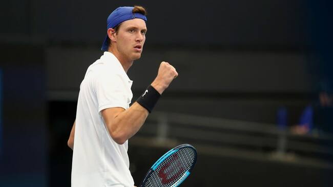 BRISBANE, AUSTRALIA - JANUARY 04: Nicolas Jarry of Chile celebrates a point against Benoit Paire of France during day two of the 2020 ATP Cup Group Stage at Pat Rafter Arena on January 04, 2020 in Brisbane, Australia. (Photo by Jono Searle/Getty Images)