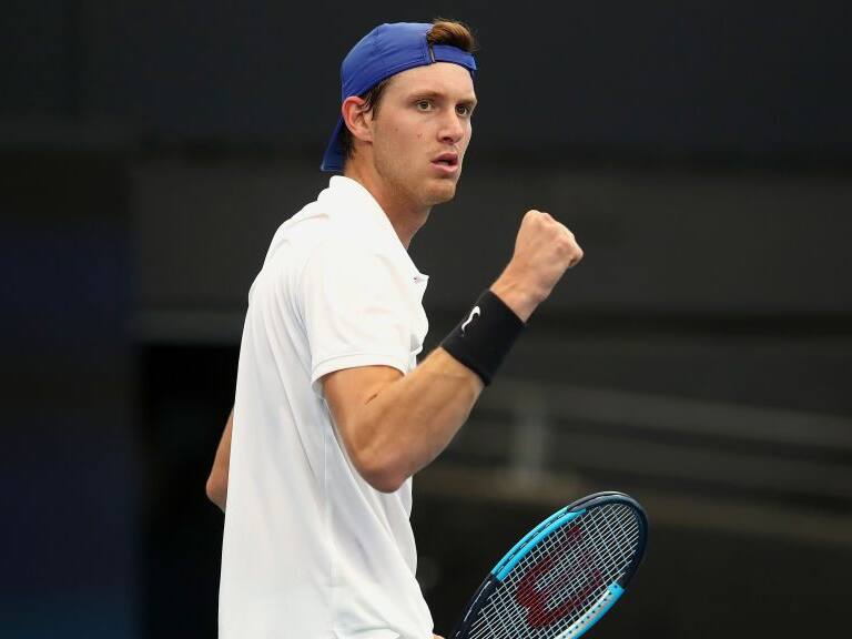 BRISBANE, AUSTRALIA - JANUARY 04: Nicolas Jarry of Chile celebrates a point against Benoit Paire of France during day two of the 2020 ATP Cup Group Stage at Pat Rafter Arena on January 04, 2020 in Brisbane, Australia. (Photo by Jono Searle/Getty Images)