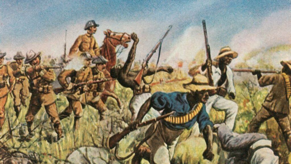 Captain Franke fighting the Hereros, 1904, (1936). 'Hauptmann Franke Im Kampf Gegen Die Hereros, 1904'. Lieutenant Colonel Victor Franke (1865-1936) was the last commander of the Schutztruppe (colonial troops in the African territories of the German colonial empire). He was involved in several campaigns against native tribes who resisted German colonial rule in German South West Africa. During the Herero Uprising of 1904, he became known as 'Hero of Omaruru', because of his victory over numerically superior Herero forces at Omaruru. From "Bilder Deutscher Geschichte", (Pictures of German History), No.12, cigarette card album. [Cigaretten-Bilderdienst, Altona-Bahrenfeld, Hamburg, Germany, 1936]. Artist Unknown. (Photo by The Print Collector via Getty Images)