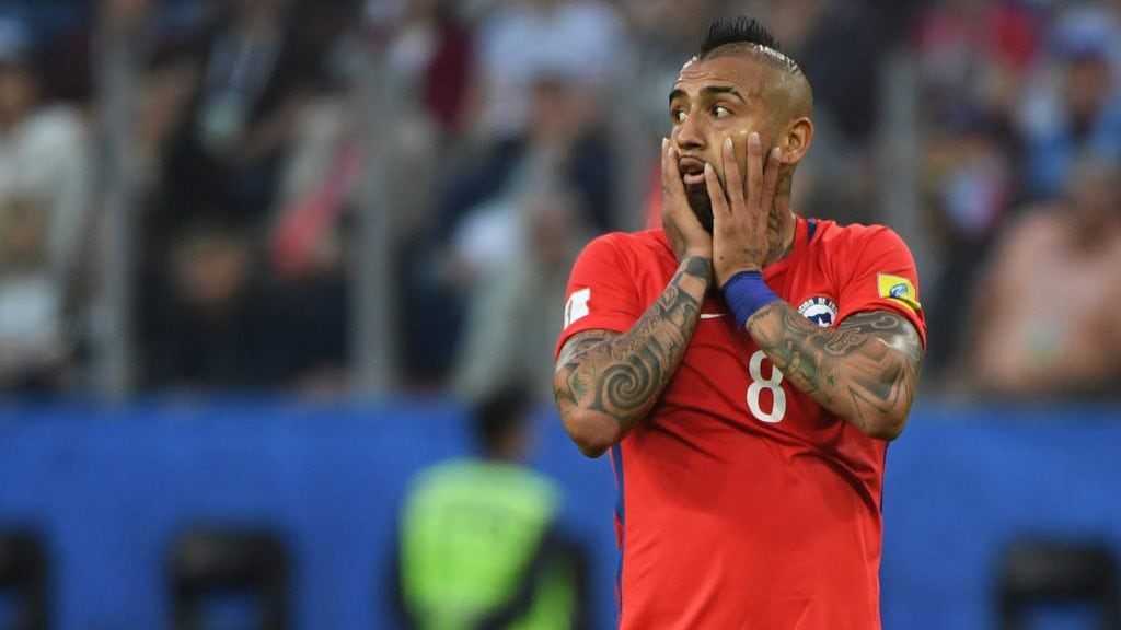 TOPSHOT - Chile's midfielder Arturo Vidal reacts during the 2017 Confederations Cup final football match between Chile and Germany at the Saint Petersburg Stadium in Saint Petersburg on July 2, 2017. / AFP PHOTO / Patrik STOLLARZ (Photo credit should read PATRIK STOLLARZ/AFP via Getty Images)