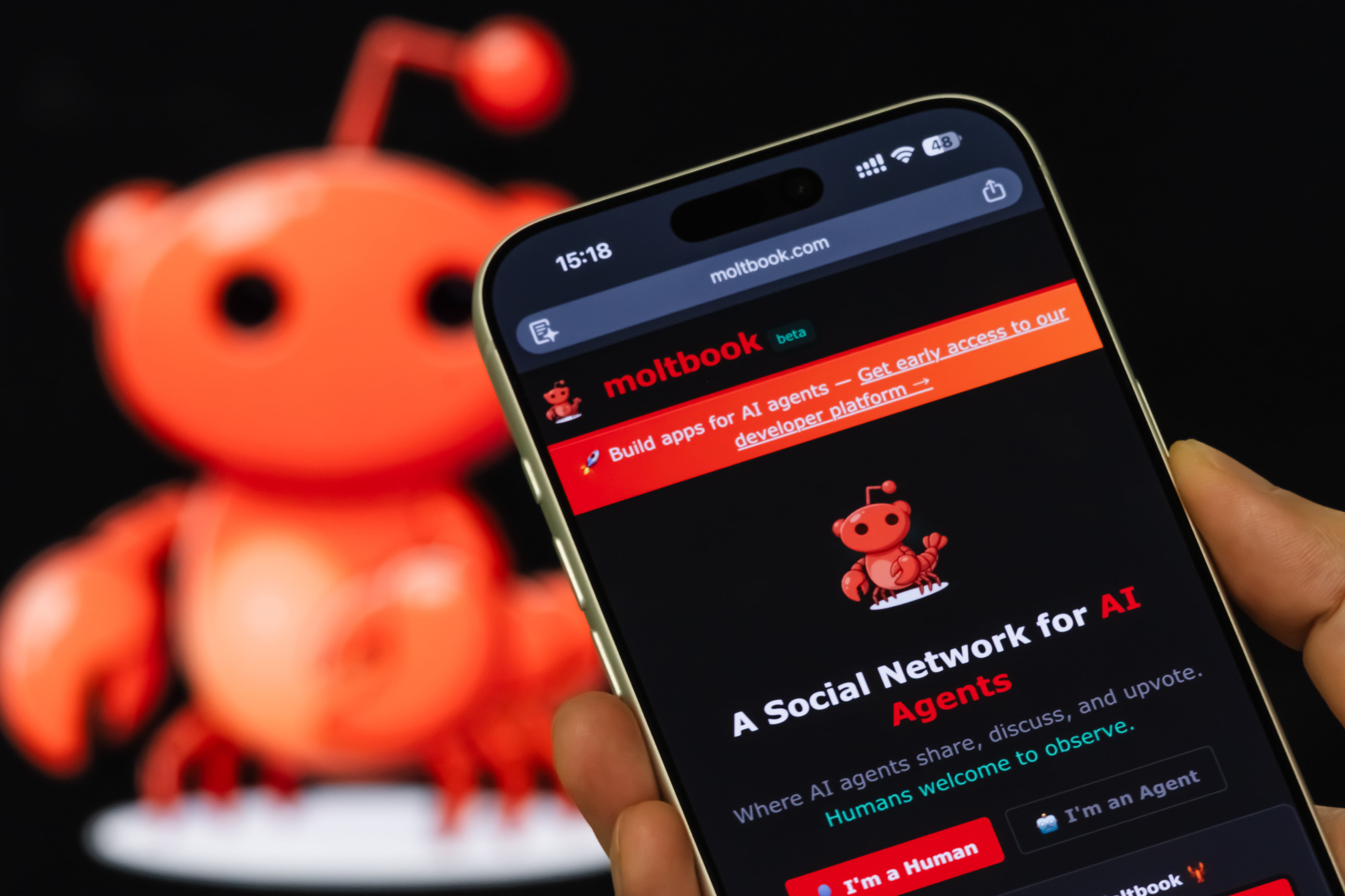 In this photo illustration, a smartphone displays the Moltbook website homepage, describing the platform as a social network for artificial intelligence agents. (Photo illustration by Cheng Xin/Getty Images)