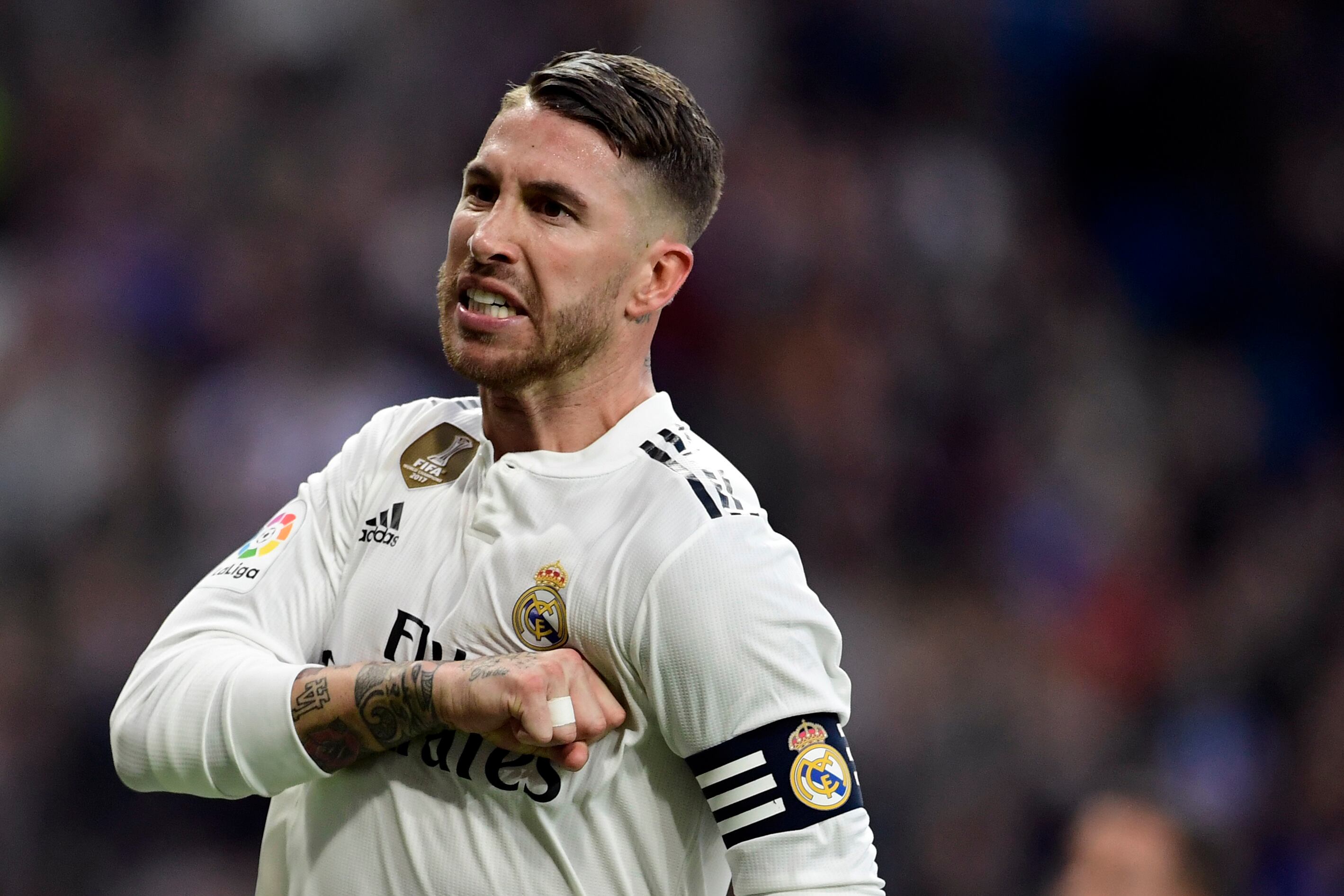 Real Madrid's Spanish defender Sergio Ramos celebrates scoring their second goal during the Spanish league football match between Real Madrid CF and Real Valladolid FC at the Santiago Bernabeu stadium in Madrid on November 3, 2018. (Photo by JAVIER SORIANO / AFP)        (Photo credit should read JAVIER SORIANO/AFP/Getty Images)