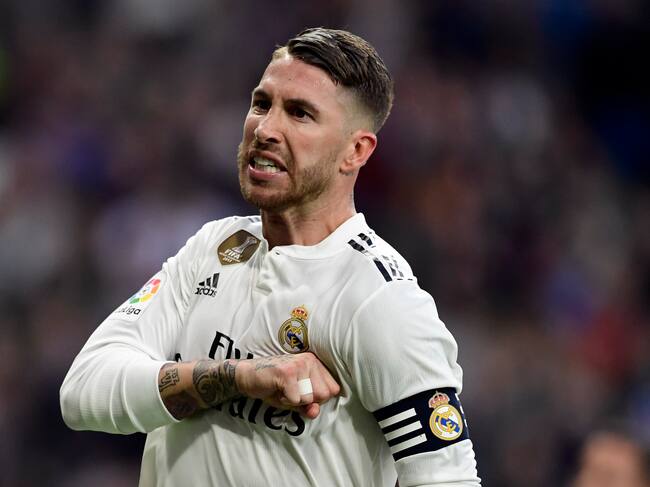 Real Madrid's Spanish defender Sergio Ramos celebrates scoring their second goal during the Spanish league football match between Real Madrid CF and Real Valladolid FC at the Santiago Bernabeu stadium in Madrid on November 3, 2018. (Photo by JAVIER SORIANO / AFP) (Photo credit should read JAVIER SORIANO/AFP/Getty Images)