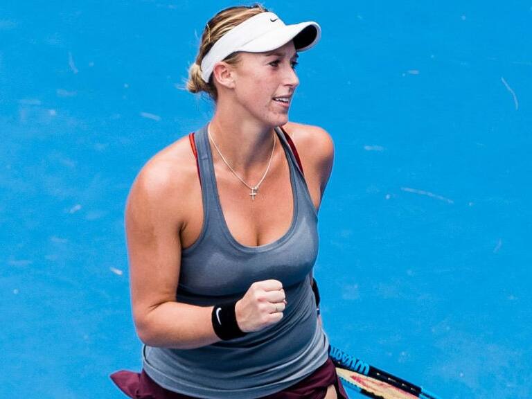 HONG KONG, HONG KONG - OCTOBER 8: Alexa Guarachi of Chile celebrates winning the match during her women's singles qualifying match of the Prudential Hong Kong Tennis Open 2017 between Jil Teichmann of Switzerland and Alexa Guarachi of Chile at Victoria Park on October 8, 2017 in Hong Kong, Hong Kong. (Photo by Power Sport Images/Getty Images)