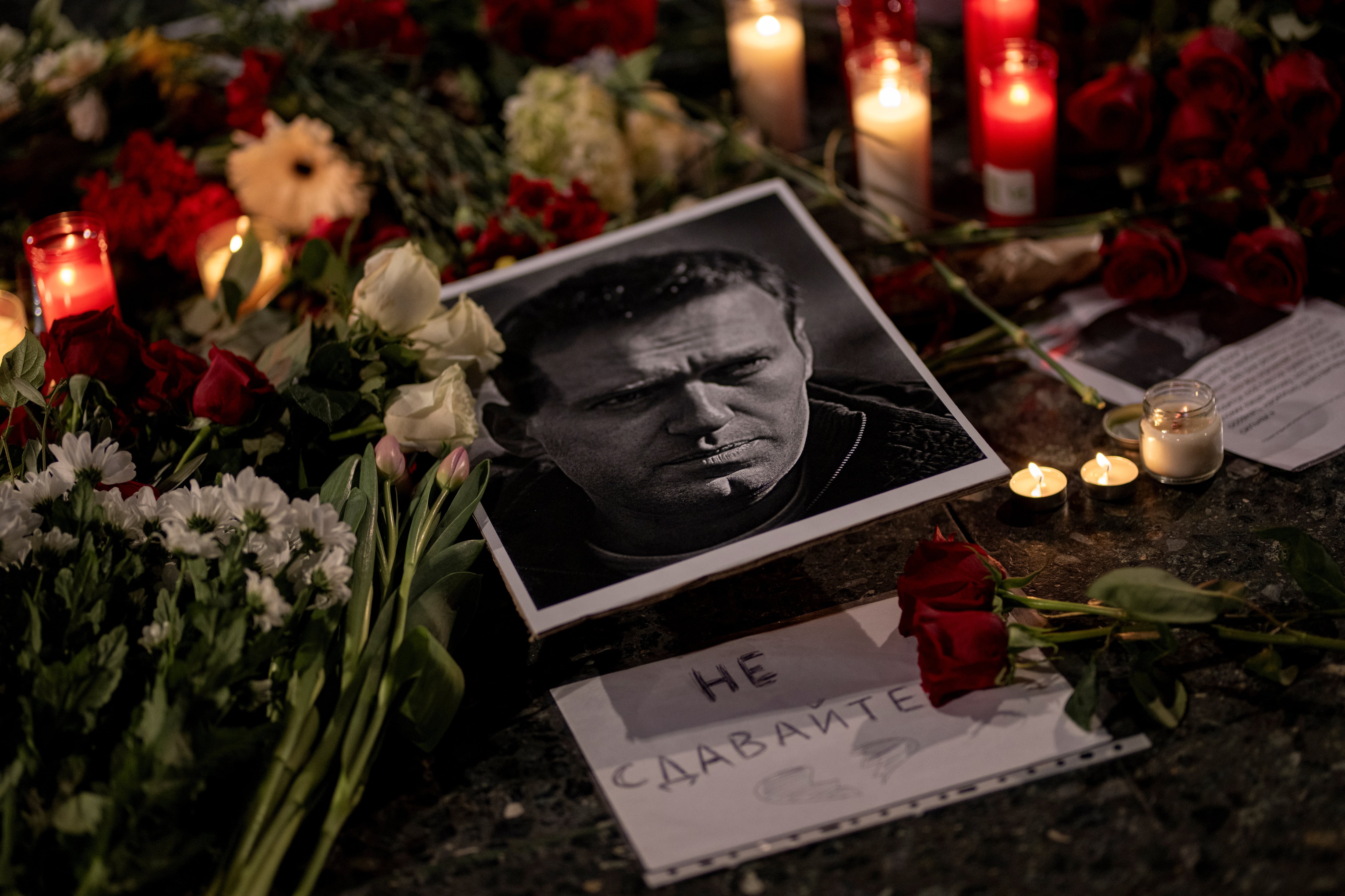 BARCELONA, SPAIN - FEBRUARY 16: An image of Nalvani during a rally for the death of Alexei Navalni, in Plaza Catalunya, on February 16, 2024, in Barcelona, Catalonia, Spain. The Russian opposition leader, Alexei Navalni, has died in a prison in Jarp, in the Arctic Circle, according to the Russian penitentiary authorities themselves. The same sources assure that he has suffered a fainting spell after his daily walk and although the necessary resuscitation procedures were performed, they did not produce any results. Navalni, 47 years old, was serving 30 years in prison for various crimes, and was considered the main opponent of Putin and the Kremlin's policies. (Photo By Lorena Sopena/Europa Press via Getty Images)