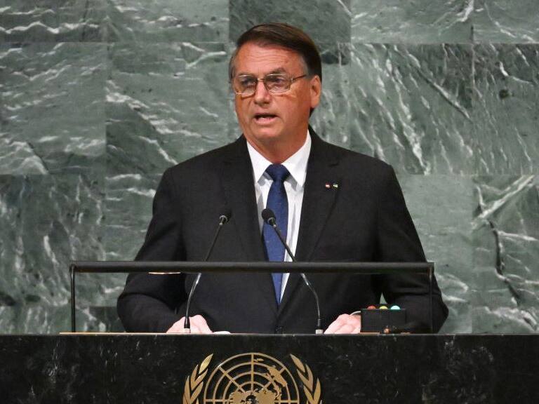 Brazilian President Jair Bolsonaro addresses the 77th session of the United Nations General Assembly at UN headquarters in New York City on September 20, 2022. (Photo by TIMOTHY A. CLARY / AFP) (Photo by TIMOTHY A. CLARY/AFP via Getty Images)