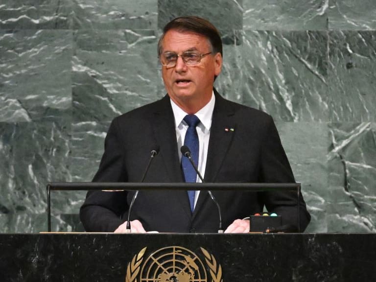 Brazilian President Jair Bolsonaro addresses the 77th session of the United Nations General Assembly at UN headquarters in New York City on September 20, 2022. (Photo by TIMOTHY A. CLARY / AFP) (Photo by TIMOTHY A. CLARY/AFP via Getty Images)