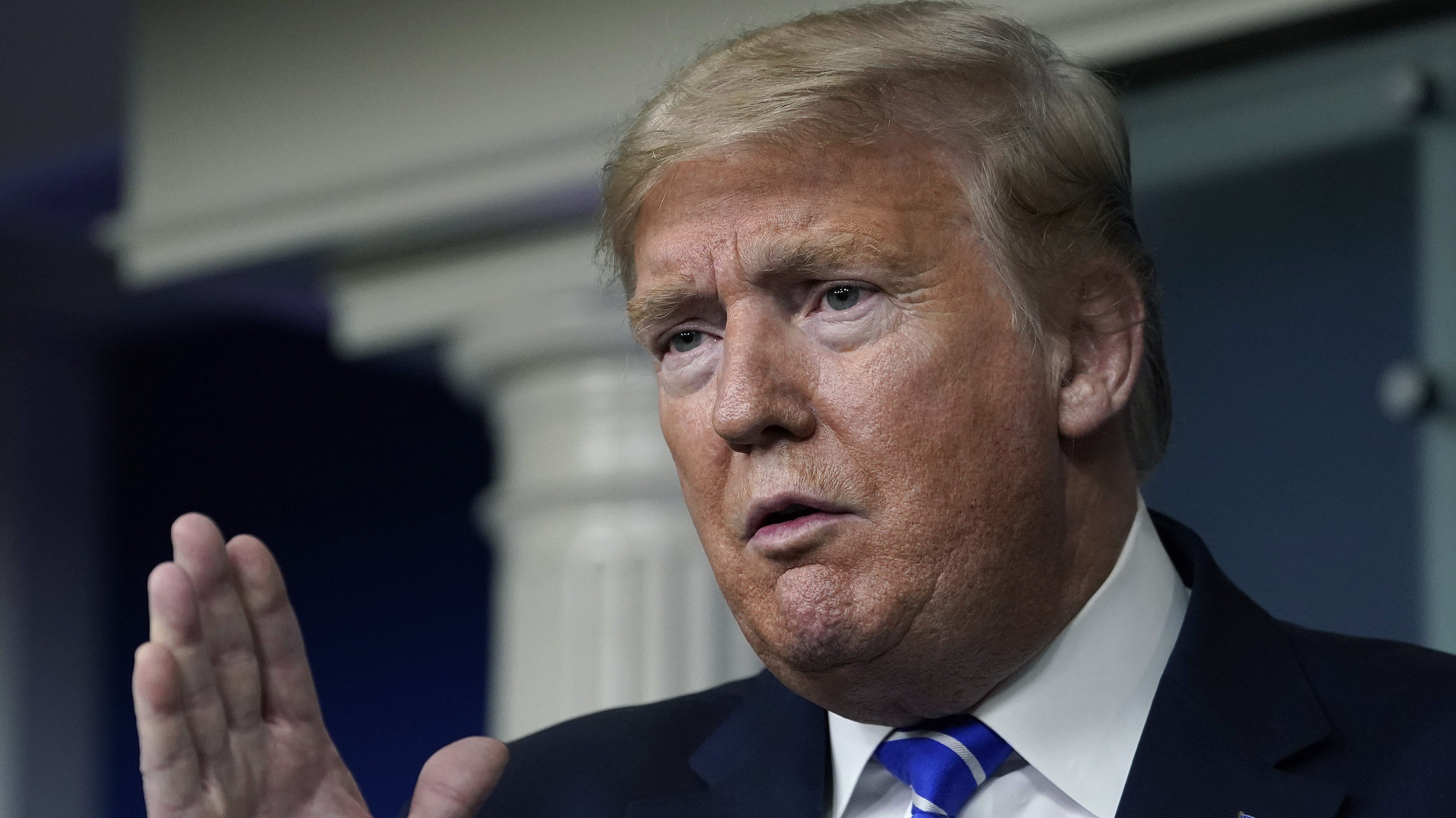 WASHINGTON, DC - APRIL 23: U.S. President Donald Trump speaks during daily briefing of the coronavirus task force at the White House on April 23, 2020 in Washington, DC. The House of Representatives passed the latest economic stimulus package that was passed earlier in the week by the U.S. Senate giving roughly 484 billion to restart a small business loan program and give more money for health care providers and virus testing. (Photo by Drew Angerer/Getty Images)
