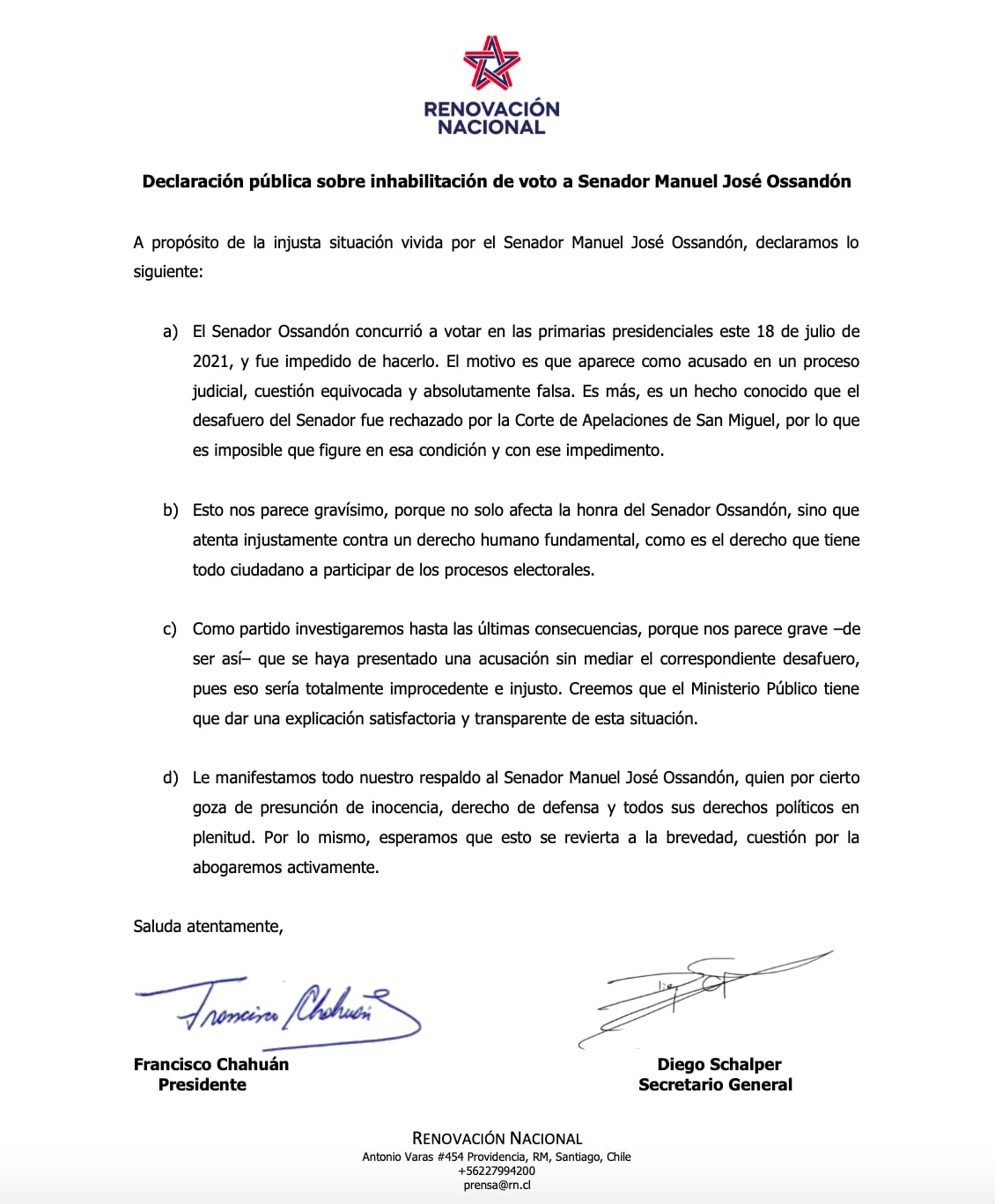 Declaración pública de RN por inhabilitación de voto a Manuel José Ossandón