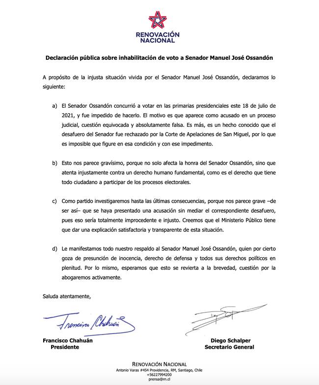 Declaración pública de RN por inhabilitación de voto a Manuel José Ossandón