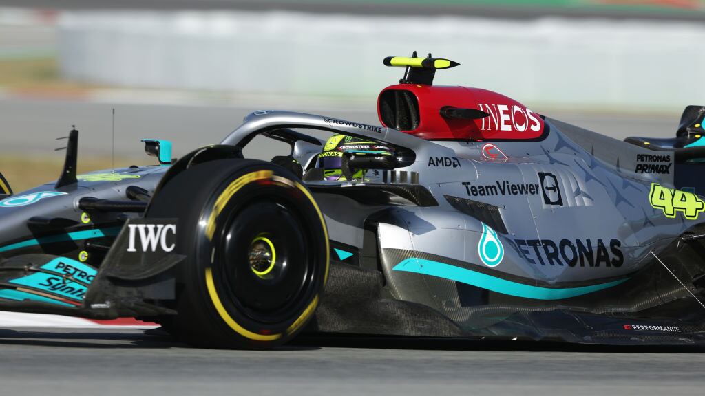 BARCELONA, SPAIN - MAY 20: Lewis Hamilton of Great Britain driving the (44) Mercedes AMG Petronas F1 Team W13 on track during practice ahead of the F1 Grand Prix of Spain at Circuit de Barcelona-Catalunya on May 20, 2022 in Barcelona, Spain. (Photo by Bryn Lennon - Formula 1/Formula 1 via Getty Images)