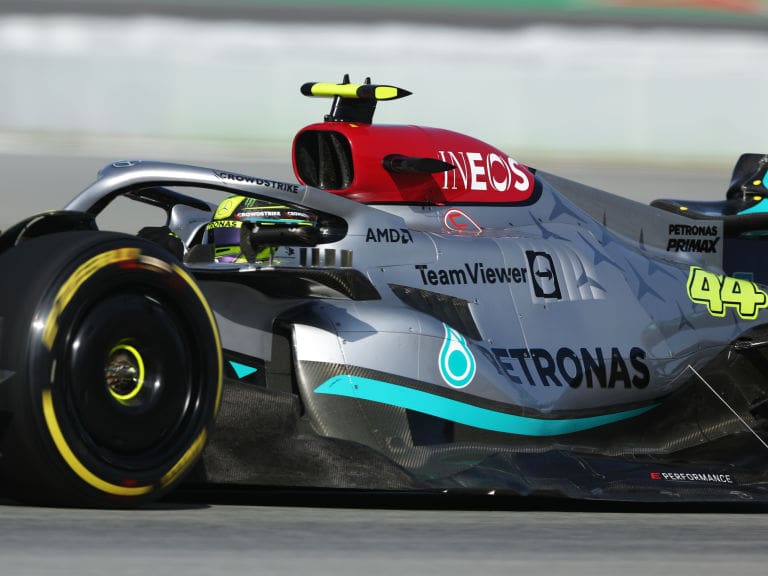 BARCELONA, SPAIN - MAY 20: Lewis Hamilton of Great Britain driving the (44) Mercedes AMG Petronas F1 Team W13 on track during practice ahead of the F1 Grand Prix of Spain at Circuit de Barcelona-Catalunya on May 20, 2022 in Barcelona, Spain. (Photo by Bryn Lennon - Formula 1/Formula 1 via Getty Images)