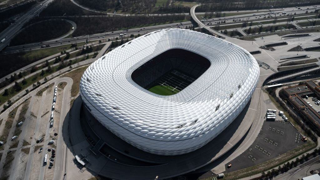 29 March 2019, Bavaria, Munich: The Allianz Arena, taken from a helicopter. Photo: Sina Schuldt/dpa (Photo by Sina Schuldt/picture alliance via Getty Images)