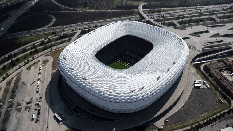 29 March 2019, Bavaria, Munich: The Allianz Arena, taken from a helicopter. Photo: Sina Schuldt/dpa (Photo by Sina Schuldt/picture alliance via Getty Images)