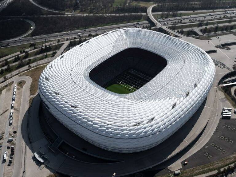29 March 2019, Bavaria, Munich: The Allianz Arena, taken from a helicopter. Photo: Sina Schuldt/dpa (Photo by Sina Schuldt/picture alliance via Getty Images)