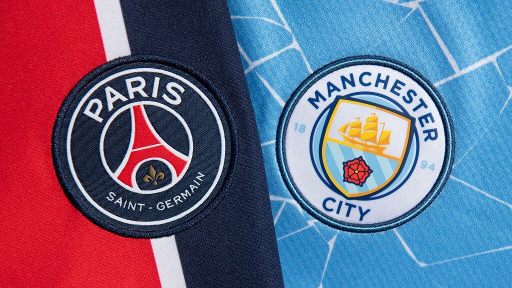 MANCHESTER, ENGLAND - MARCH 30: The Paris Saint-Germain and Manchester City club badges on their first team home shirts on March 30, 2021 in Manchester, United Kingdom. (Photo by Visionhaus/Getty Images)