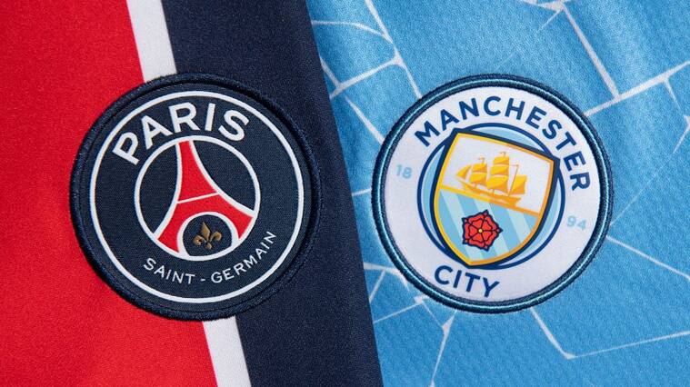 MANCHESTER, ENGLAND - MARCH 30: The Paris Saint-Germain and Manchester City club badges on their first team home shirts on March 30, 2021 in Manchester, United Kingdom. (Photo by Visionhaus/Getty Images)