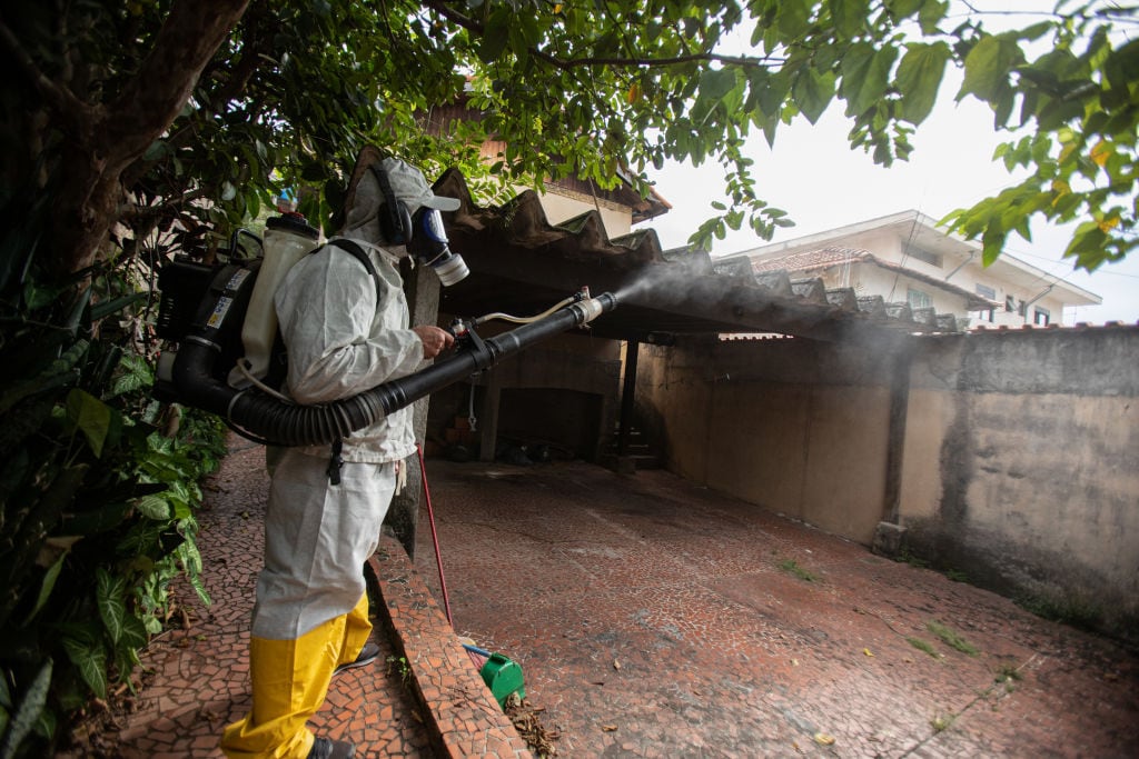 Un trabajador fumiga un barrio de Sao Paulo en Brasil contra el mosquito que provoca el dengue.