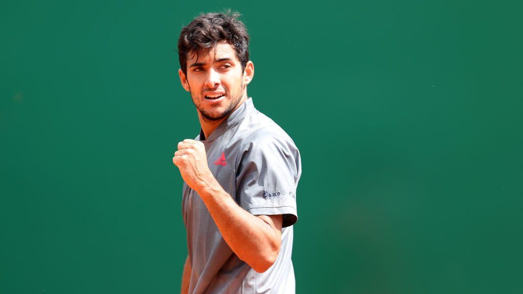 MONTE-CARLO, MONACO - APRIL 13: Cristian Garin of Chile celebrates winning a point in his mens singles match against Felix Auger-Aliassime of Canada during the first round on day three of the Rolex Monte-Carlo Masters at Monte-Carlo Country Club on April 13, 2021 in Monte-Carlo, Monaco. (Photo by Alexander Hassenstein/Getty Images)
