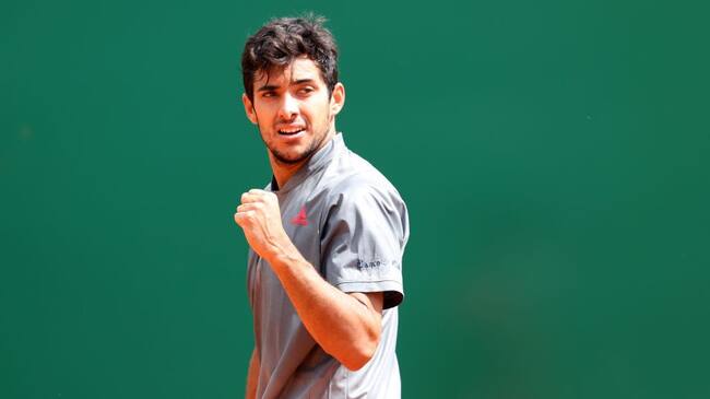 MONTE-CARLO, MONACO - APRIL 13: Cristian Garin of Chile celebrates winning a point in his mens singles match against Felix Auger-Aliassime of Canada during the first round on day three of the Rolex Monte-Carlo Masters at Monte-Carlo Country Club on April 13, 2021 in Monte-Carlo, Monaco. (Photo by Alexander Hassenstein/Getty Images)