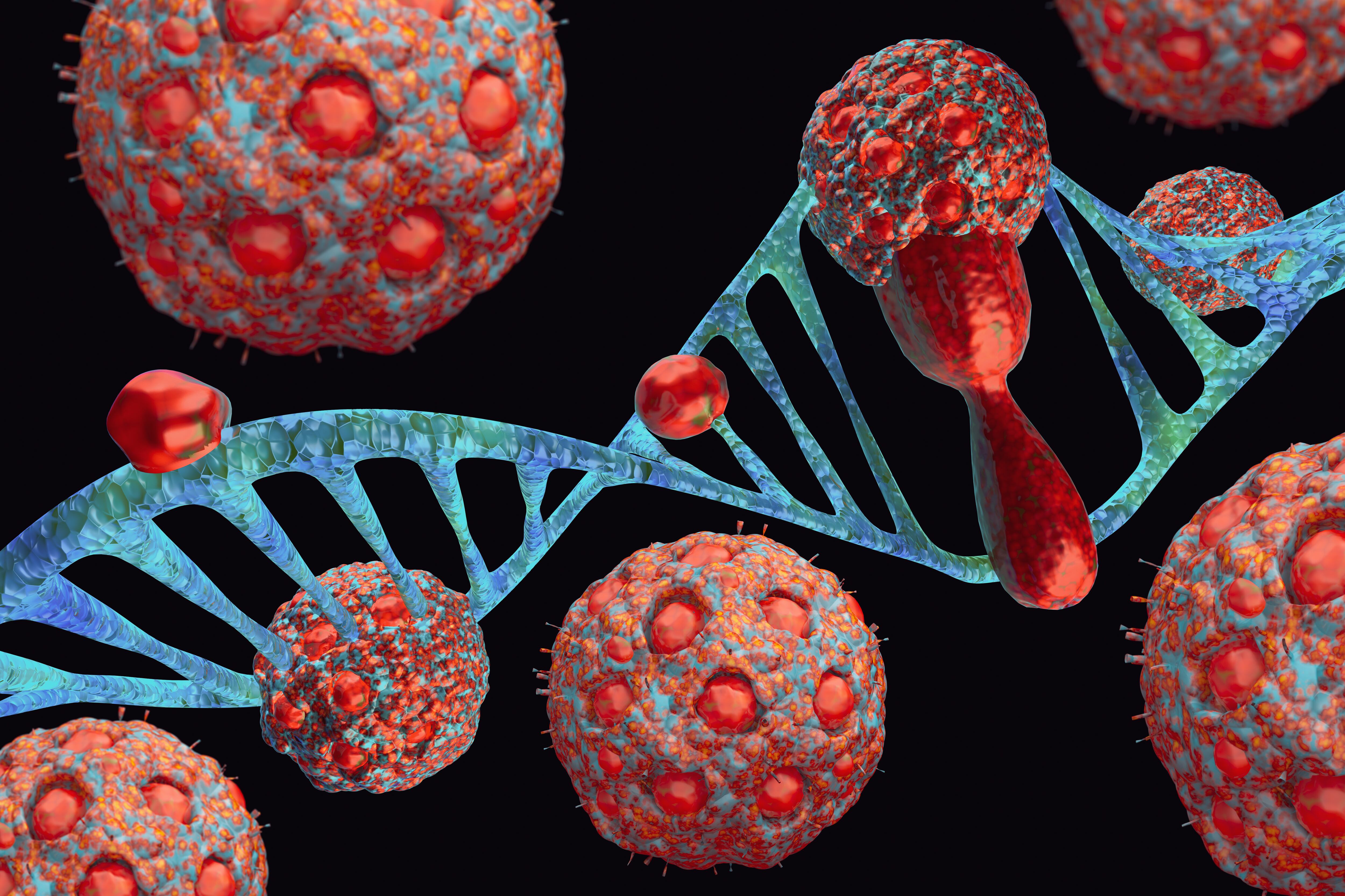 Computer generated image of monkey virus attacking DNA of humans.