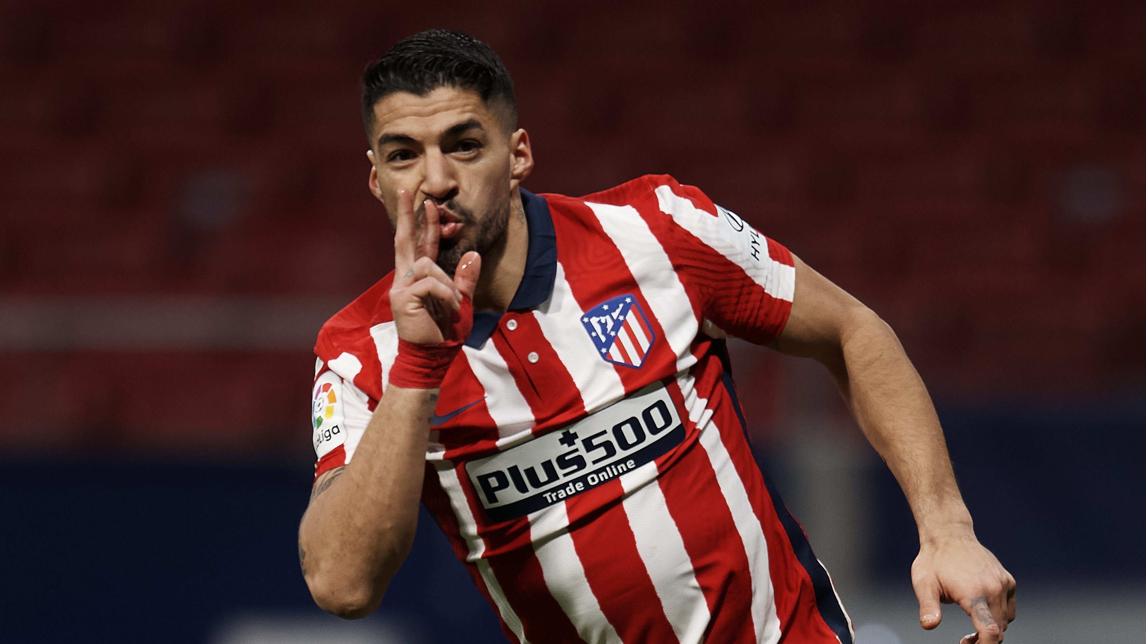 Luis Suarez of Atletico Madrid celebrates after scoring his sides first goal during the La Liga Santander match between Atletico de Madrid and RC Celta at Estadio Wanda Metropolitano on February 8, 2021 in Madrid, Spain. Sporting stadiums around Spain remain under strict restrictions due to the Coronavirus Pandemic as Government social distancing laws prohibit fans inside venues resulting in games being played behind closed doors. (Photo by Jose Breton/Pics Action/NurPhoto via Getty Images)