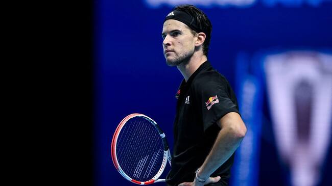 LONDON, ENGLAND - NOVEMBER 22: Dominic Thiem of Austria looks dejected during his match against Daniil Medvedev of Russia during Day 8 of the Nitto ATP World Tour Finals at The O2 Arena on November 22, 2020 in London, England. (Photo by TPN/Getty Images)