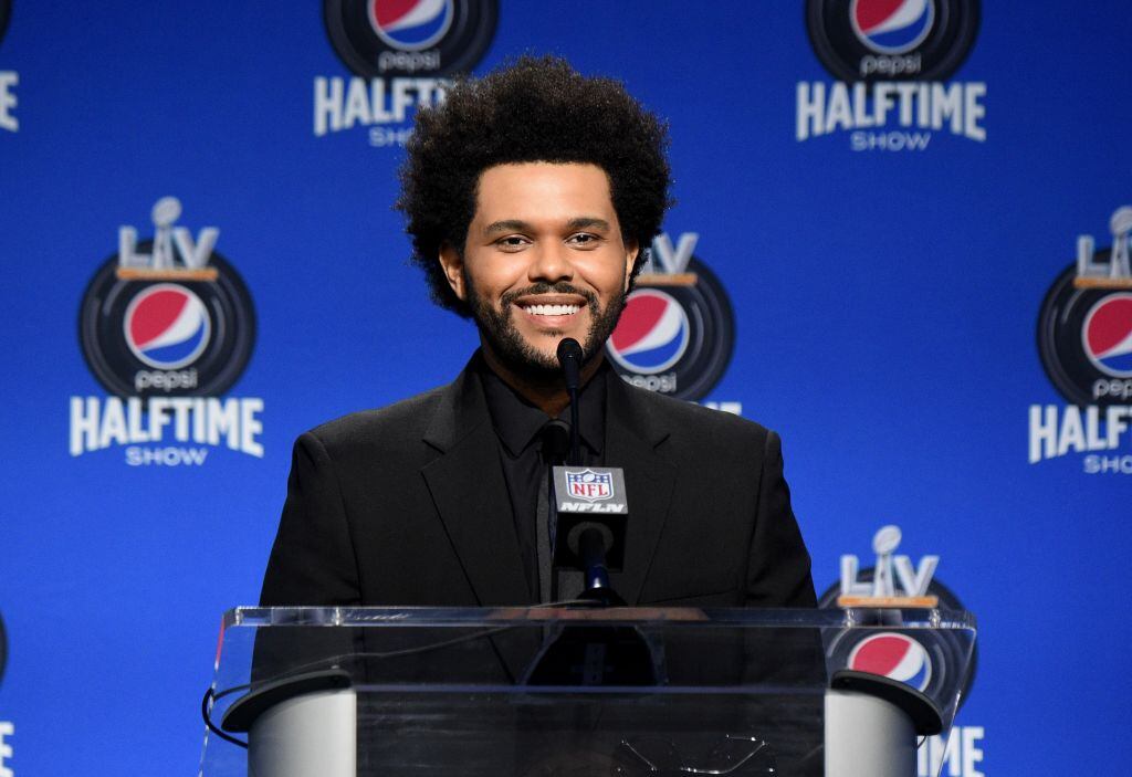 TAMPA, FLORIDA - FEBRUARY 04: The Weeknd speaks during the Pepsi Super Bowl LV Halftime Show Press Conference at Tampa Convention Center on February 04, 2021 in Tampa, Florida. (Photo by Kevin Mazur/Getty Images for TW)