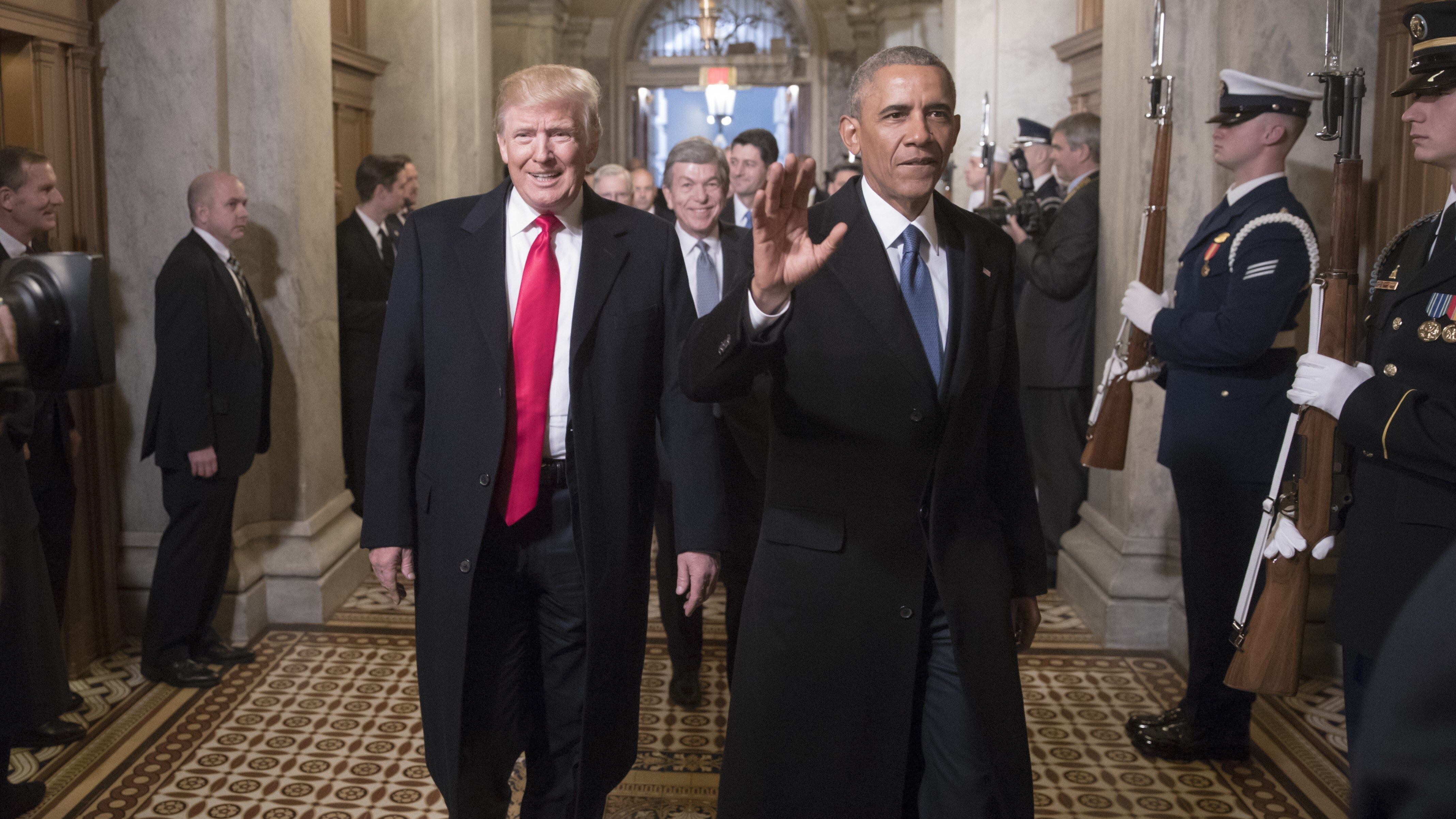WASHINGTON, USA - JANUARY 20: (EDITORIAL USE ONLY) President-elect Donald Trump and President Barack Obama arrive for Trumps inauguration ceremony at the Capitol in Washington, USA on January 20, 2017. (Photo by J. Scott Applewhite / Pool / AP/Anadolu Agency/Getty Images)