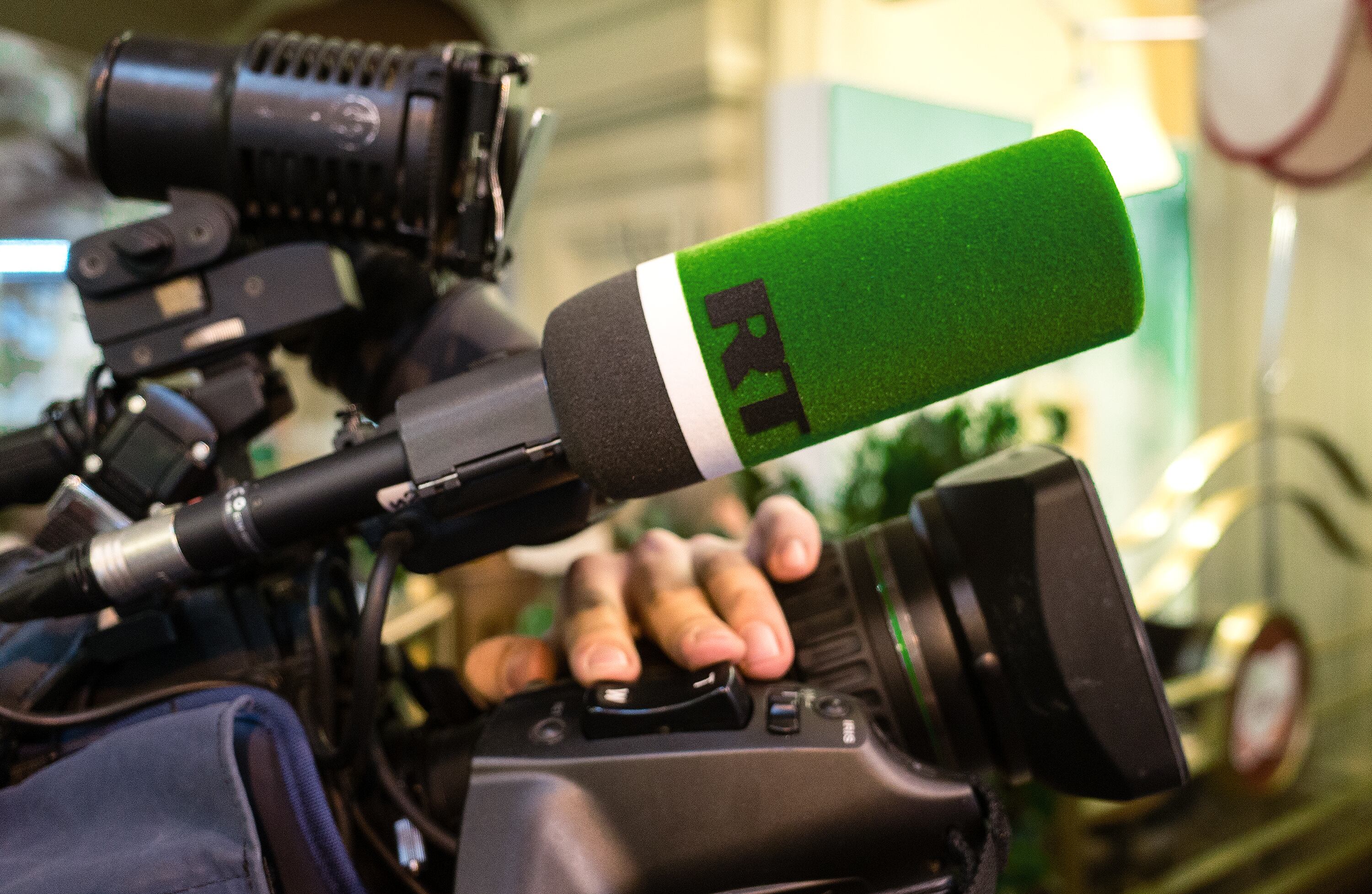 November 23, 2017 Moscow, Russia. Logo of the TV channel Russia Today on the microphone of the television camera.