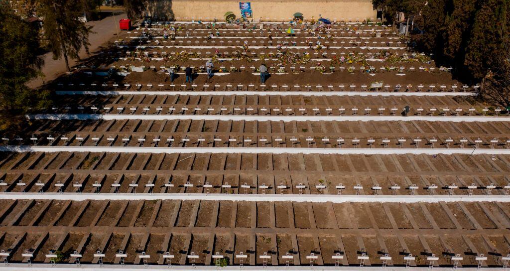 Aerial view of graves already dug at the General Cemetery in Santiago May 14, 2020, amid the new coronavirus pandemic. - Health authorities ordered the General Cemetery of Santiago to enable over 1,700 graves under the possibility of an increase in deaths from COVID-19. (Photo by MARTIN BERNETTI / AFP) (Photo by MARTIN BERNETTI/AFP via Getty Images)