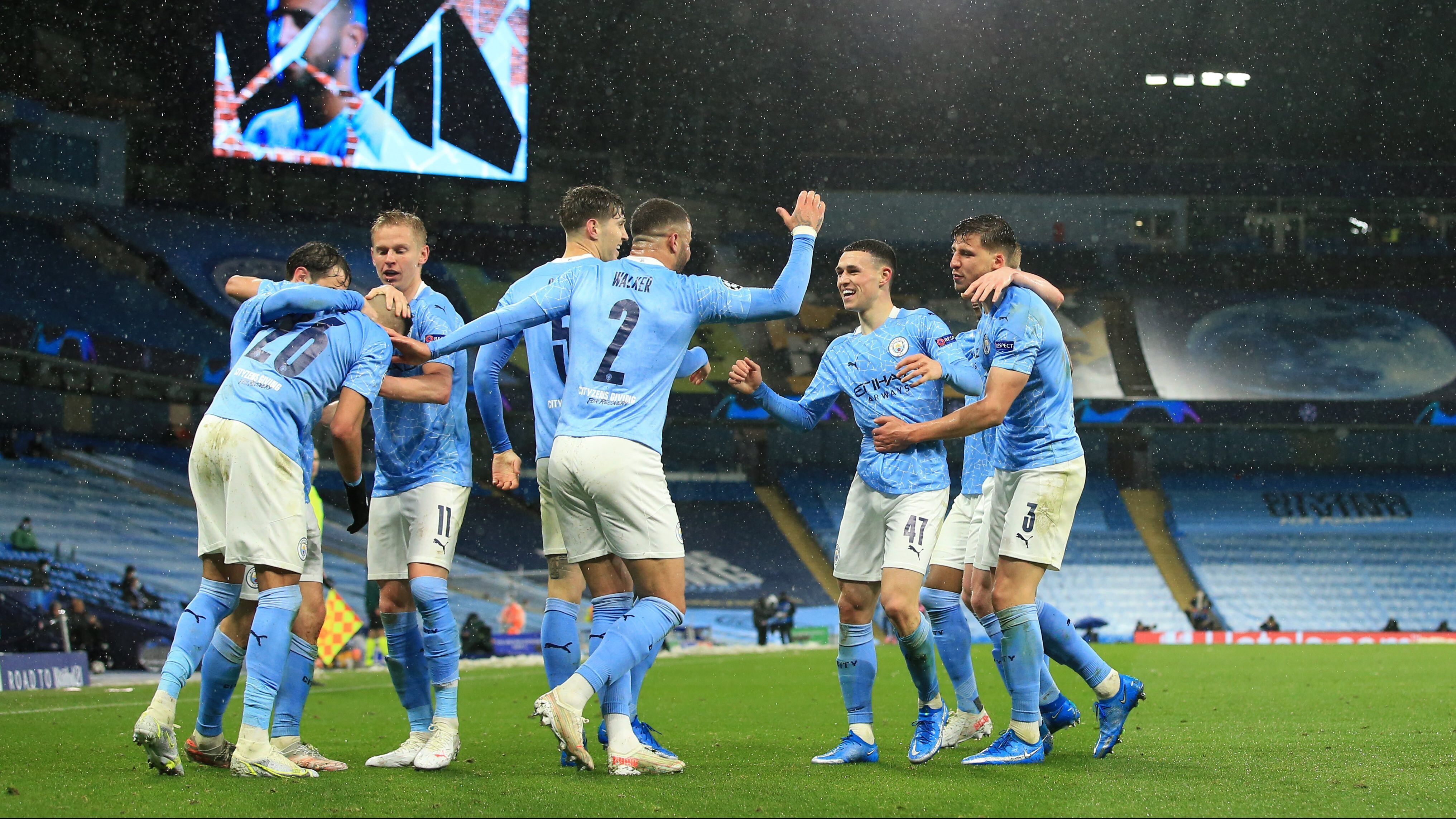 MANCHESTER, ENGLAND - MAY 04: Riyad Mahrez of Manchester City celebrates scoring their 2nd goal with his team during the UEFA Champions League Semi Final Second Leg match between Manchester City and Paris Saint-Germain at Etihad Stadium on May 4, 2021 in Manchester, United Kingdom. Sporting stadiums around the UK remain under strict restrictions due to the Coronavirus Pandemic as Government social distancing laws prohibit fans inside venues resulting in games being played behind closed doors. (Photo by Simon Stacpoole/Offside/Offside via Getty Images)