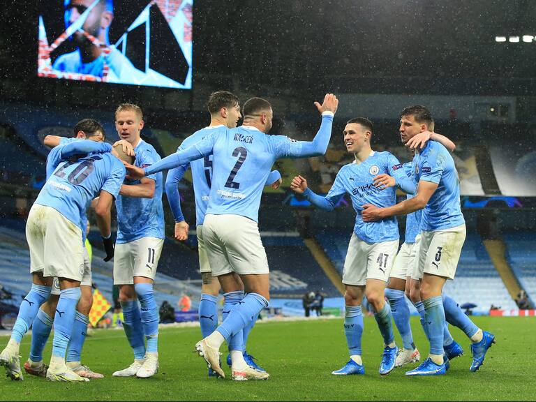 MANCHESTER, ENGLAND - MAY 04: Riyad Mahrez of Manchester City celebrates scoring their 2nd goal with his team during the UEFA Champions League Semi Final Second Leg match between Manchester City and Paris Saint-Germain at Etihad Stadium on May 4, 2021 in Manchester, United Kingdom. Sporting stadiums around the UK remain under strict restrictions due to the Coronavirus Pandemic as Government social distancing laws prohibit fans inside venues resulting in games being played behind closed doors. (Photo by Simon Stacpoole/Offside/Offside via Getty Images)