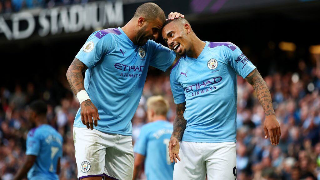 MANCHESTER, ENGLAND - AUGUST 17: Gabriel Jesus of Manchester City celebrates after scoring his sides third goal which is later disallowed by VAR during the Premier League match between Manchester City and Tottenham Hotspur at Etihad Stadium on August 17, 2019 in Manchester, United Kingdom. (Photo by Clive Brunskill/Getty Images)
