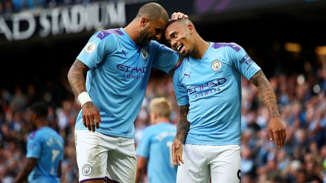 MANCHESTER, ENGLAND - AUGUST 17: Gabriel Jesus of Manchester City celebrates after scoring his sides third goal which is later disallowed by VAR during the Premier League match between Manchester City and Tottenham Hotspur at Etihad Stadium on August 17, 2019 in Manchester, United Kingdom. (Photo by Clive Brunskill/Getty Images)