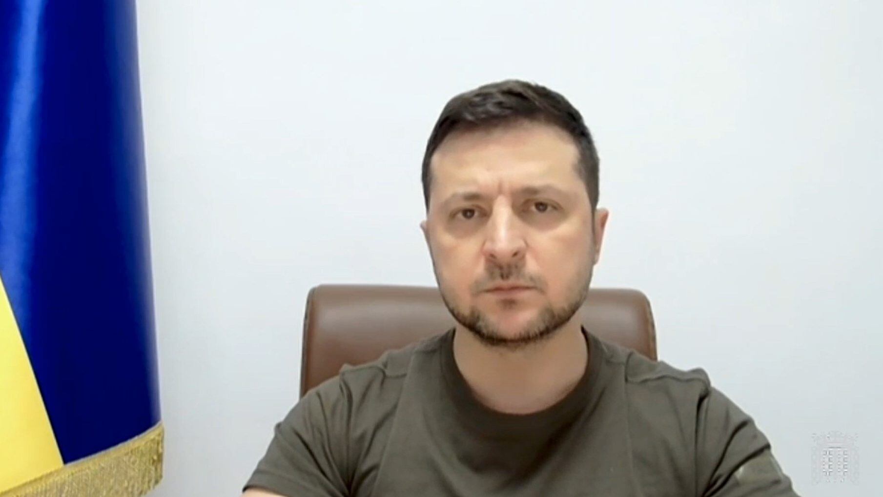 Ukrainian President Volodymyr Zelensky addresses MPs in the House of Commons via videolink on the latest situation in Ukraine. Picture date: Tuesday March 8, 2022. (Photo by House of Commons/PA Images via Getty Images)