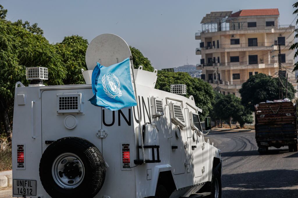 Las fuerzas de seguridad de la ONU en la ciudad de Marjayoun en el Líbano, cerca de la frontera con territorios que ocupa Israel