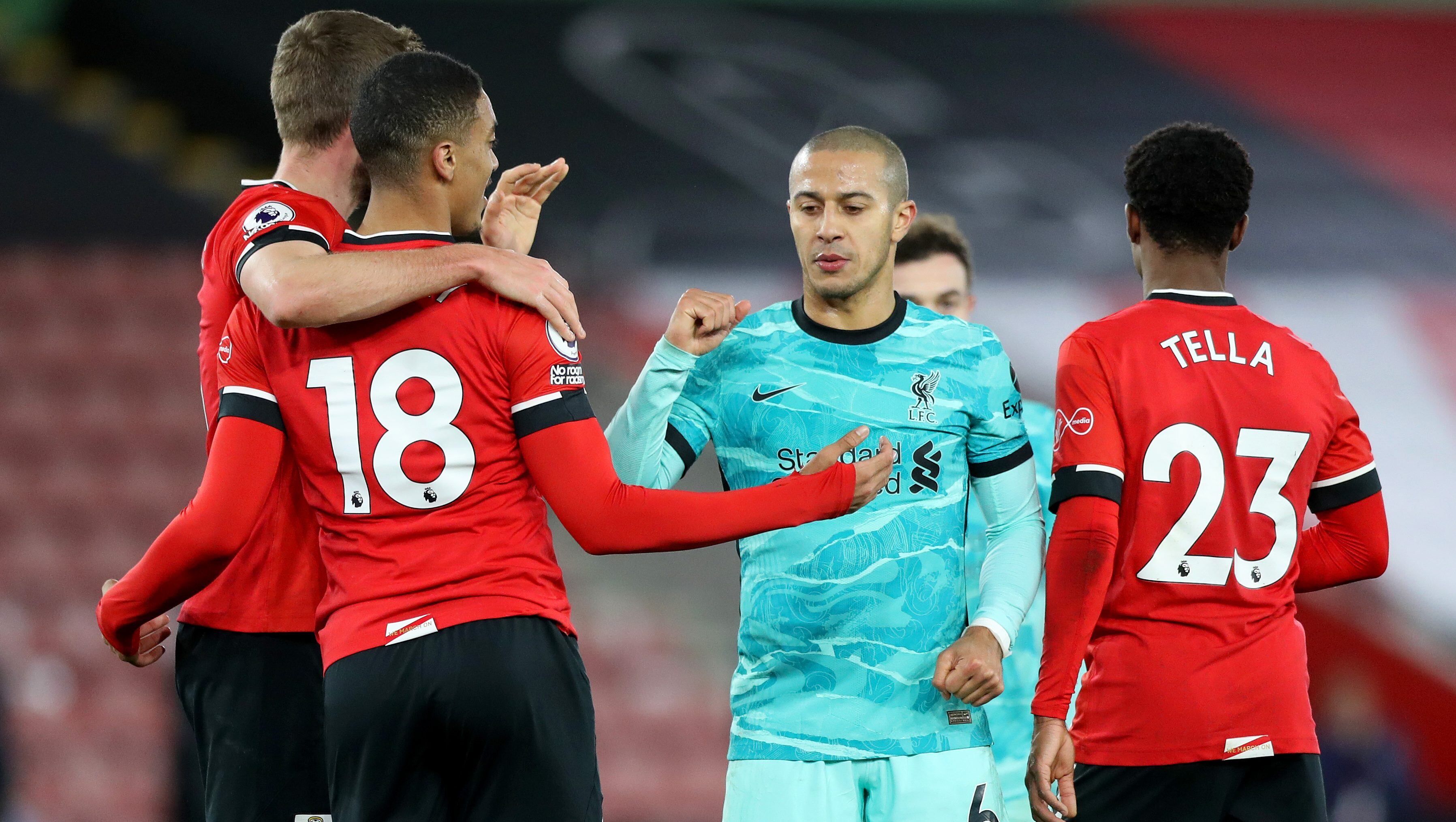 SOUTHAMPTON, ENGLAND - JANUARY 04: Thiago Alcantara of Liverpool interacts with Yan Valery of Southampton after the Premier League match between Southampton and Liverpool at St Mary's Stadium on January 04, 2021 in Southampton, England. The match will be played without fans, behind closed doors as a Covid-19 precaution. (Photo by Naomi Baker/Getty Images)