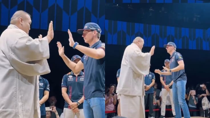 ¡Notables reflejos del neerlandés! Verstappen desafió a luchador de sumo y el resultado sorprendió al mundo