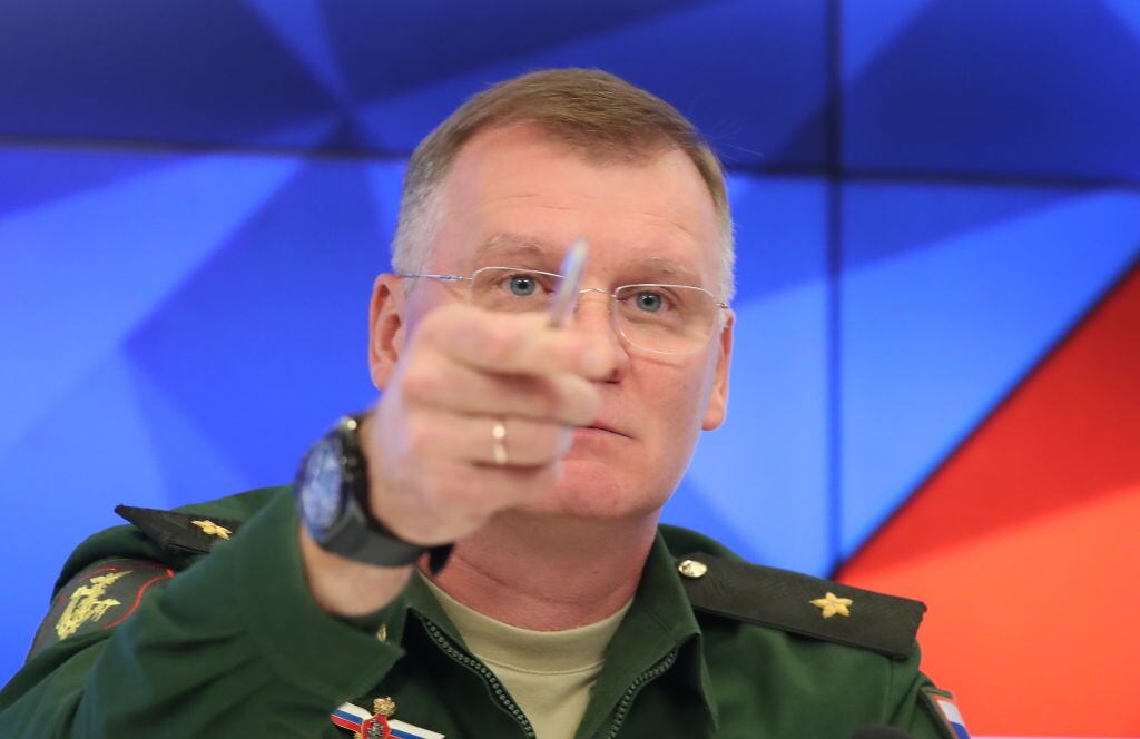 MOSCOW, RUSSIA - SEPTEMBER 17, 2018: Russian Defense Ministry Spokesman Igor Konashenkov during a briefing to reveal new details about the Malaysian Airlines Flight MH17 crash. The Malaysian Boeing 777 flying from Amsterdam to Kuala Lumpur crashed in eastern Ukraine on July 17, 2014. Anton Novoderezhkin/TASS (Photo by Anton NovoderezhkinTASS via Getty Images)